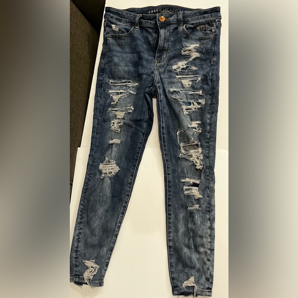 American Eagle High rise ripped jeggings women’s navy blue